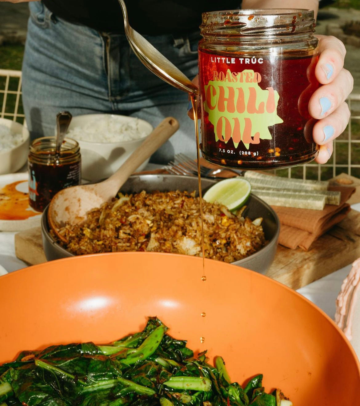 Roasted chili oil poured over stir-fried greens.